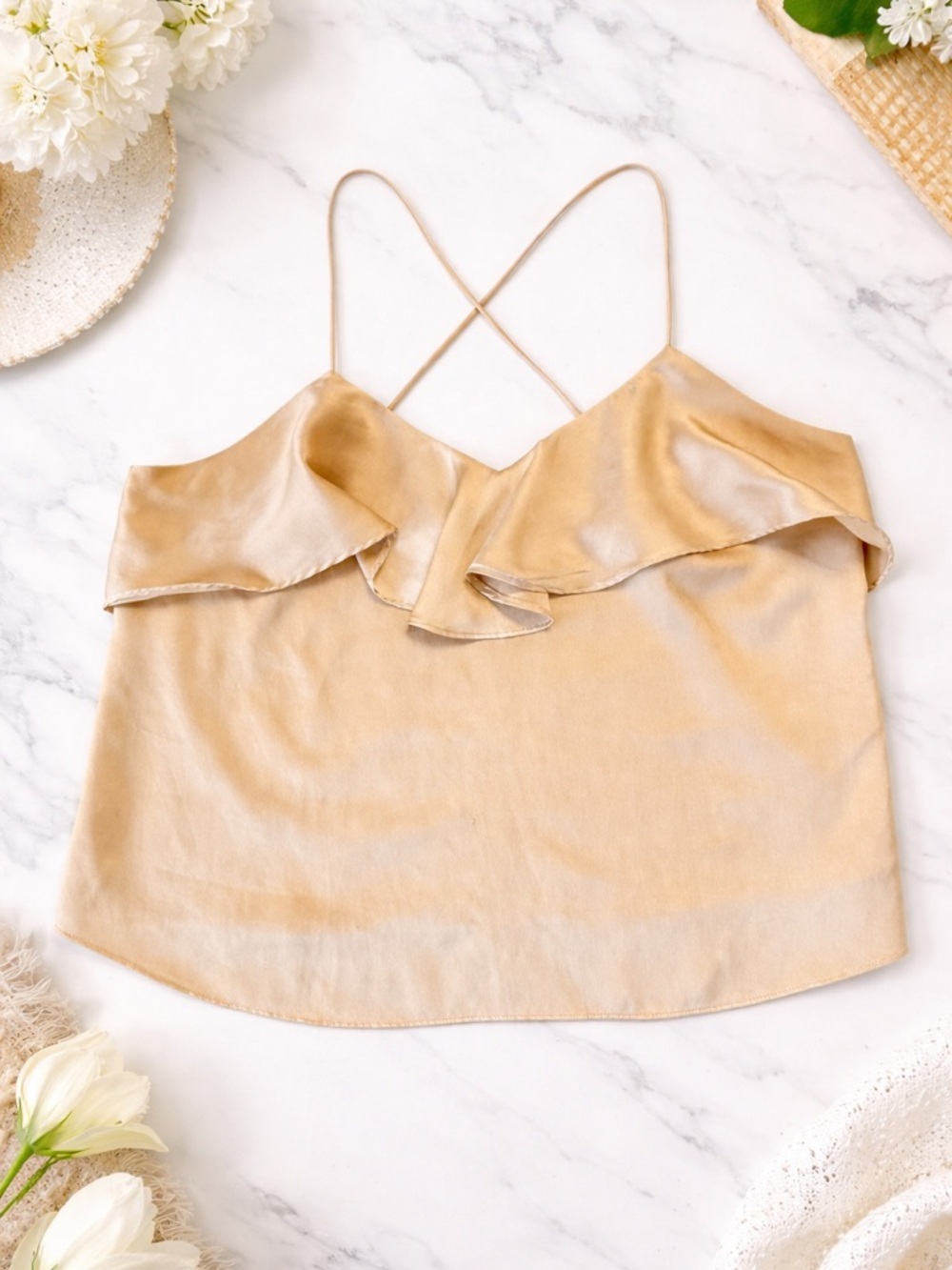 Harlyn Champagne Satin Ruffle Cami | Boho Chic Cross-Back Tank - Size LP - Picture 2 of 7